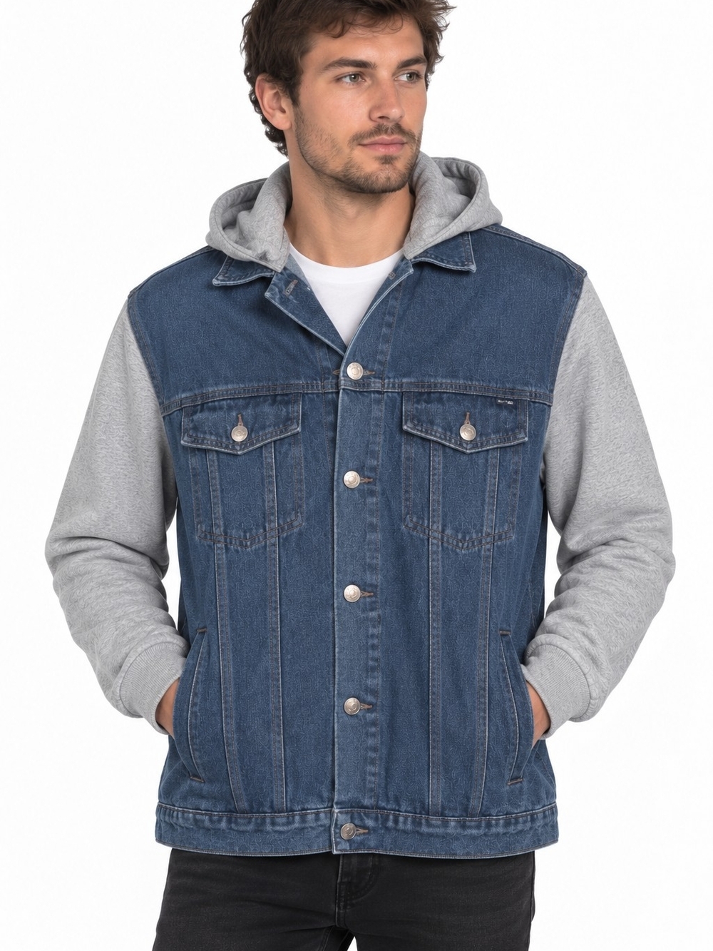 Quarry Jeans Mixed Media Hooded Denim Trucker Jacket Size Large NWT
